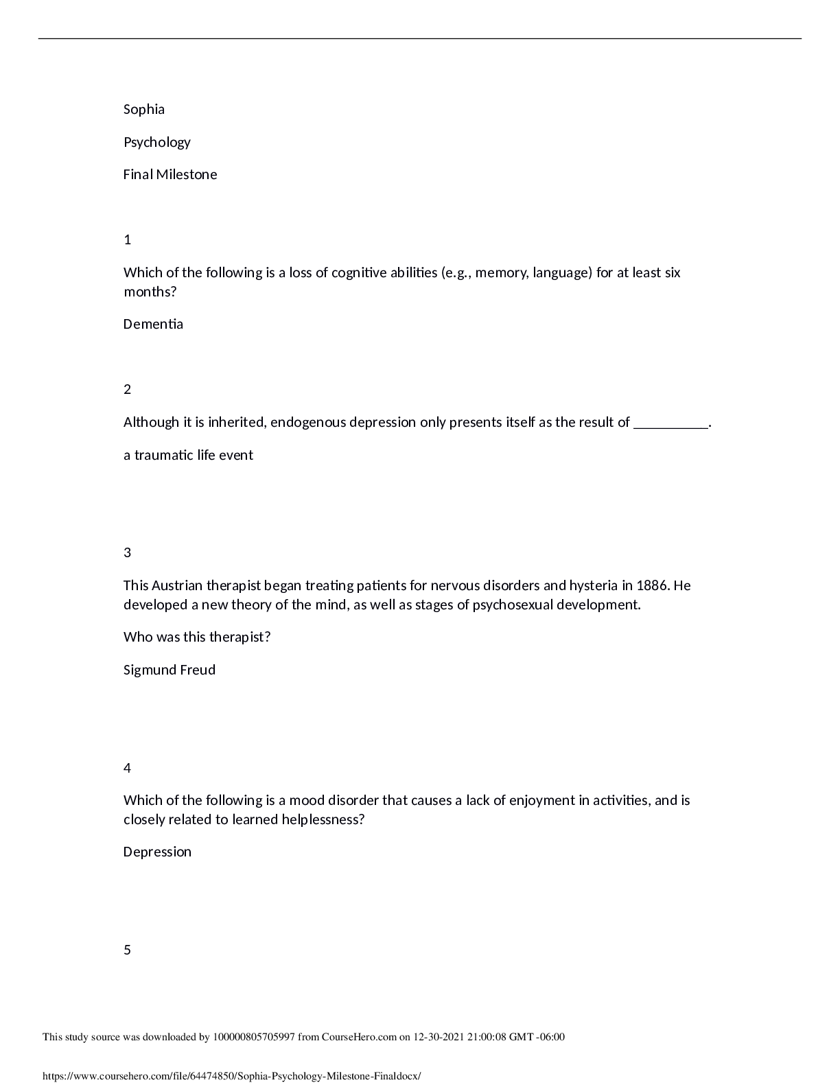 Preview of Sophia Psychology Milestone Final